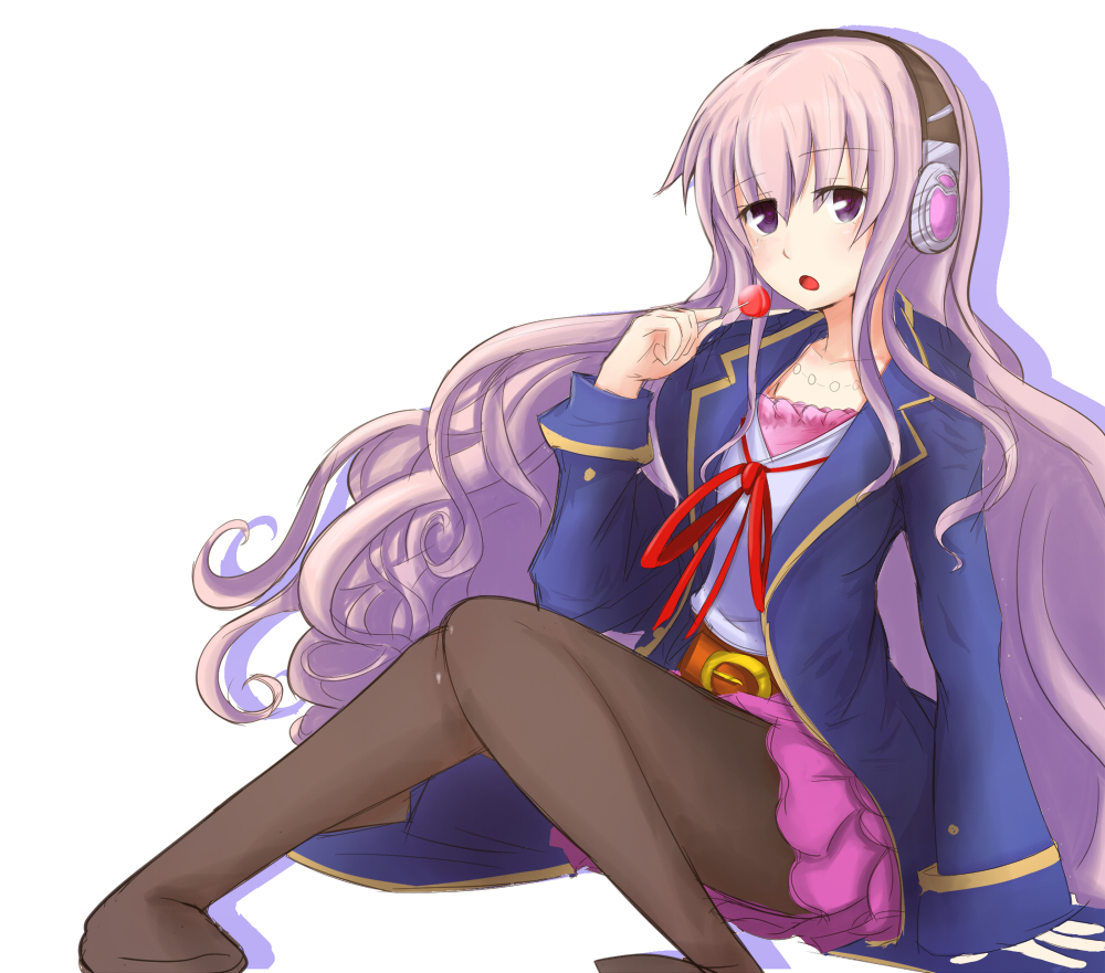 belt candy female headphones jacket jewelry lollipop long_hair necklace open_mouth pantyhose pink_hair purple_eyes ribbon simple_background sitting skirt solo tantei_opera_milky_holmes tooyama_saku touyama_saku very_long_hair white_background