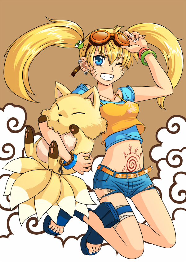 :&lt; blonde_hair blue_eyes bracelet cod.h cutoffs earrings genderswap genderswap_(mtf) goggles grin jewelry jumping kyuubi long_hair multiple_tails naruko naruto naruto_(series) navel one_eye_closed sandals shorts smile solo tail tattoo torn_clothes twintails
