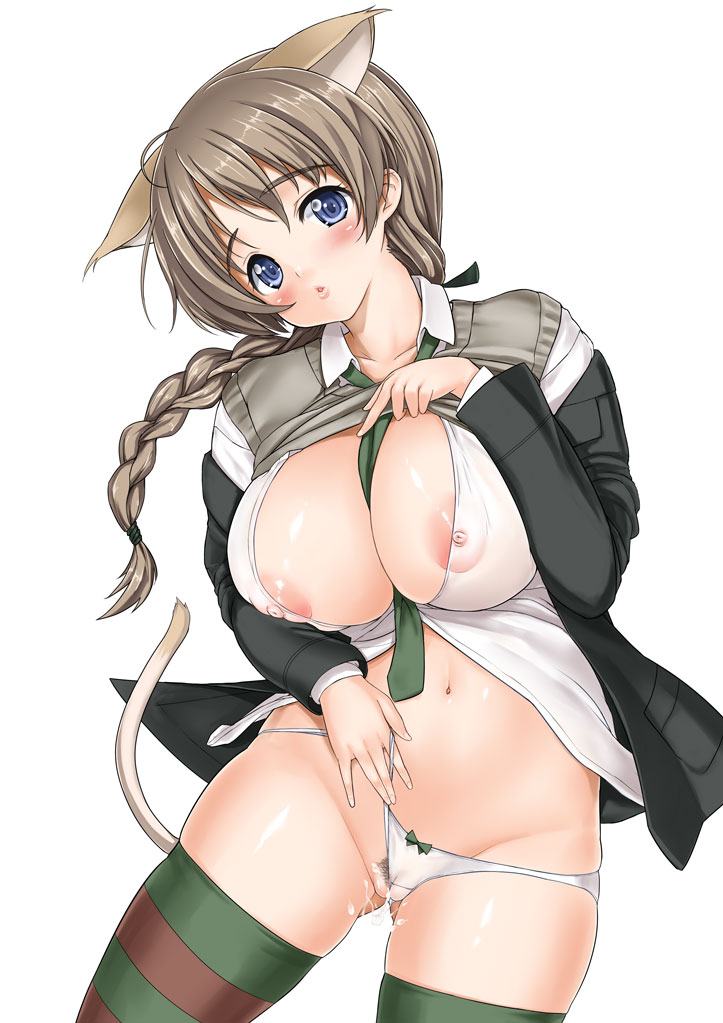 animal_ears blue_eyes braid breasts brown_hair cat_ears cat_tail huge_breasts jingi_sukan long_hair lynette_bishop panties panties_aside pubic_hair pussy single_braid solo strike_witches tail thighhighs underwear world_witches_series