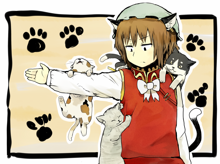 animal_ears brown_hair cat cat_ears cat_on_person cat_tail chen climbing earrings hat jewelry sergei_(pattundo) short_hair solo tail too_many too_many_cats touhou