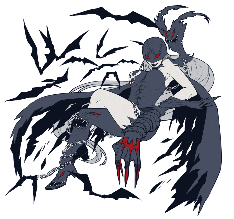 asymmetrical_clothes bat chain claws crossed_legs demon_girl digimon digimon_adventure fingernails ladydevimon leather long_fingernails long_hair no_humans red_eyes sitting solo suzuki_hayase torn_clothes torn_wings very_long_hair wings