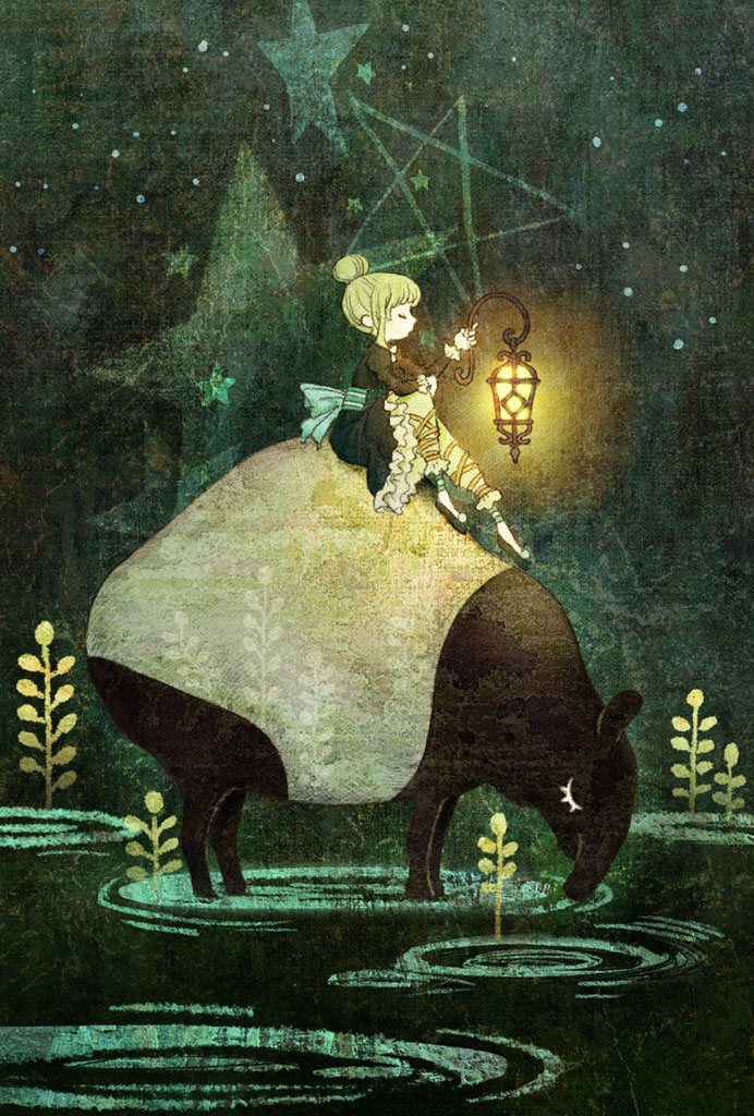 animal constellation hair_up lantern original sebascha sitting solo star tapir water