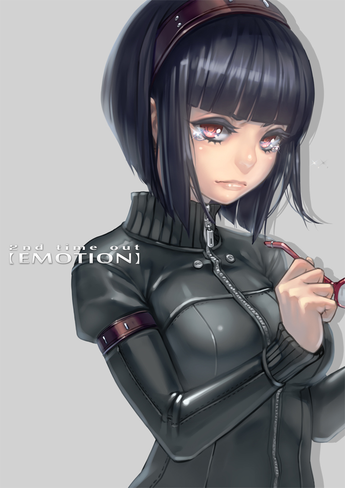 aro_(charged_time_out) bad_id bad_pixiv_id bangs black_hair blunt_bangs bob_cut bodysuit face glasses hairband holding holding_eyewear original red_eyes short_hair solo tears zipper