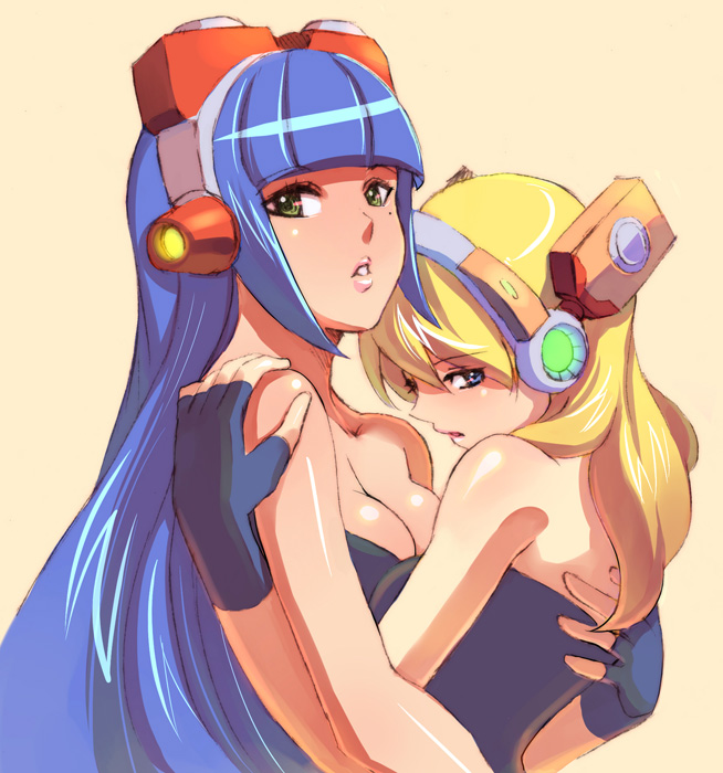 alia_(rockman) android blonde_hair blue_eyes blue_hair breasts cleavage derivative_work fingerless_gloves gloves green_eyes jiayu_long large_breasts layer lips long_hair mole multiple_girls rockman rockman_x very_long_hair yuri