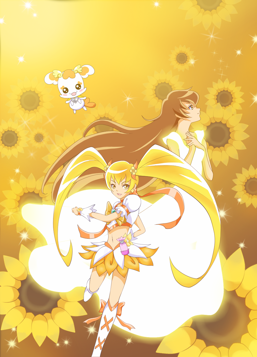 blonde_hair boots brown_background brown_hair choker cure_sunshine dual_persona floral_background flower gradient gradient_background heartcatch_precure! highres knee_boots long_hair magical_girl midriff myoudouin_itsuki navel orange_choker orange_skirt pochikoro potpourri_(heartcatch_precure!) precure skirt sunflower wrist_cuffs yellow yellow_background yellow_eyes