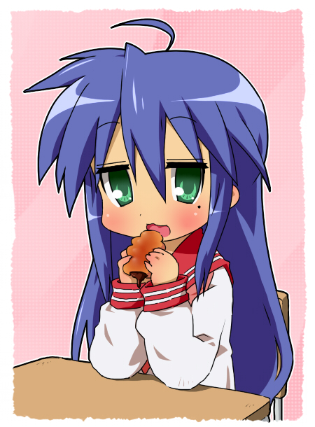 ahoge bad_id bad_pixiv_id blue_hair chocolate_cornet desk eating food green_eyes izumi_konata long_hair lucky_star mole mole_under_eye ryouou_school_uniform school_desk school_uniform serafuku solo tea_(084630000)