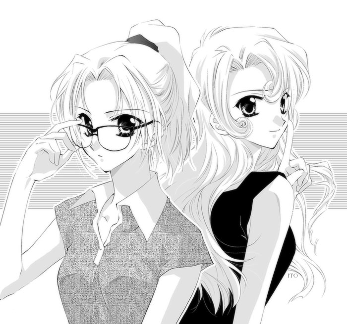 bad_id bad_pixiv_id glasses greyscale ito kisaki_eri kudou_yukiko long_hair meitantei_conan monochrome multiple_girls ponytail smile