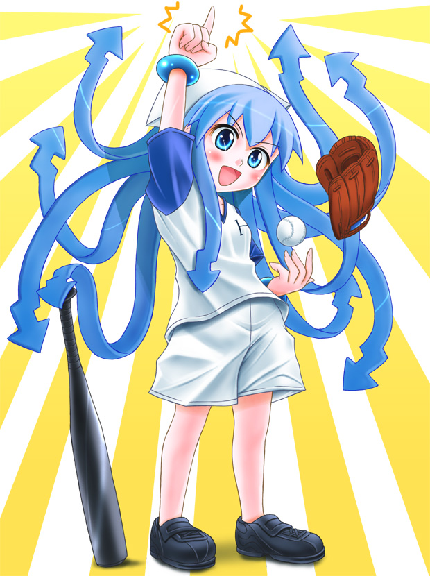 baseball baseball_bat baseball_mitt baseball_uniform blue_eyes blue_hair clothes_writing hat ikamusume long_hair no_socks prehensile_hair shimusu shinryaku!_ikamusume solo sportswear tentacle_hair