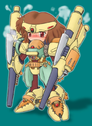 arm_cannon battletech blush brown_hair cannon d-klaw gun hot lowres mecha mecha_musume no_nose personification red_eyes rifleman solo steam sweat weapon