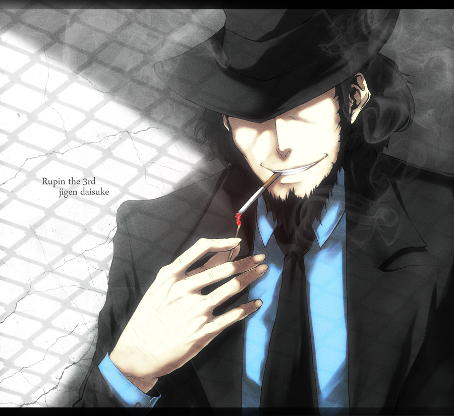bad_id bad_pixiv_id banned_artist beard cigarette copyright_name facial_hair hat jigen_daisuke letterboxed lupin_iii male_focus necktie s_tanly smoking
