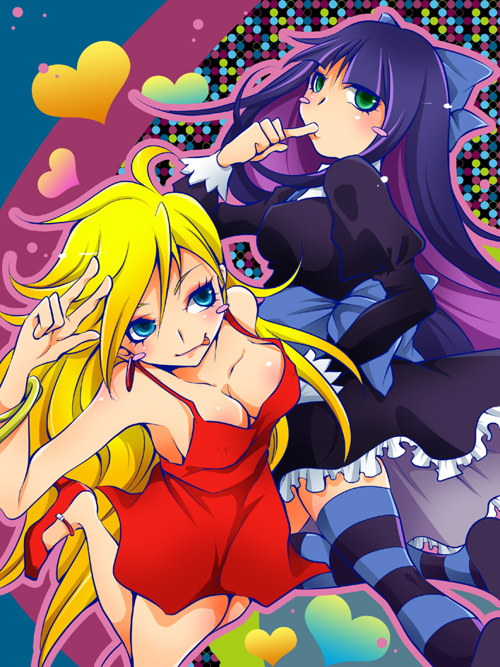 :p blush breasts cleavage dress goth gothic panty_&amp;_stocking_with_garterbelt panty_(character) panty_(psg) smile stocking_(character) stocking_(psg) tongue tongue_out
