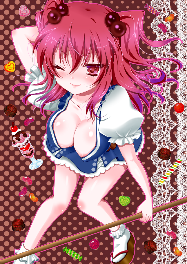 bad_id bad_pixiv_id breasts candy cherry cleavage clog_sandals food fruit hair_bobbles hair_ornament ice_cream jelly_bean large_breasts momose_rin one_eye_closed onozuka_komachi red_eyes red_hair short_hair solo touhou two_side_up