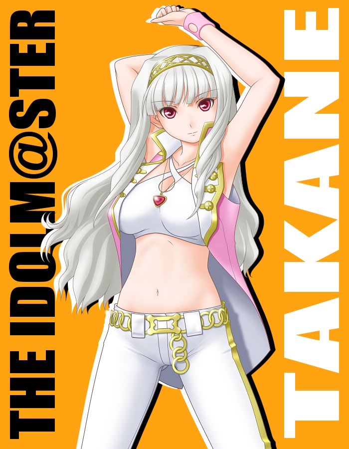 arms_up breasts hairband idolmaster idolmaster_(classic) large_breasts long_hair looking_at_viewer midriff pink_diamond_765 red_eyes shijou_takane silver_hair solo t2r vest