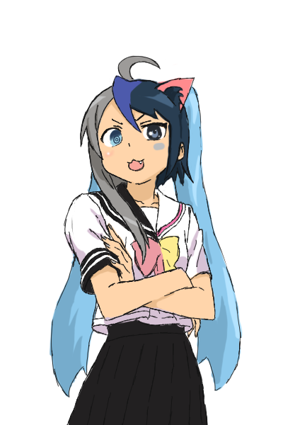 :3 ahoge animal_ears arms_crossed black_hair blue_eyes blue_hair can't_be_this_cute can't_be_this_cute cat_ears clannad crossed_arms crossover drawfag fang fusion hatsune_miku ikeda_kana izumi_konata kud_wafter little_busters! long_hair lucky_star moetron multicolored_hair noumi_kudryavka open_mouth ore_no_imouto_ga_konna_ni_kawaii_wake_ga_nai parody sakagami_tomoyo saki school_uniform silver_hair skirt twintails vocaloid