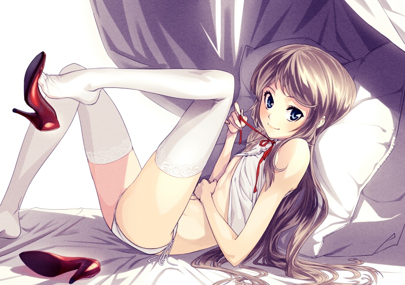 bed blue_eyes brown_hair camisole feet flat_chest high_heels lace lace-trimmed_thighhighs leg_lift leg_up legs lingerie long_hair looking_at_viewer lying on_back original panties pillow print_legwear ribbon shimotsuki_eight shoe_dangle shoes side-tie_panties single_shoe smile solo thighhighs underwear white_legwear