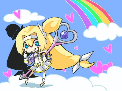 :q alternate_color aqua_eyes bad_id bad_pixiv_id blazblue blonde_hair long_hair low-tied_long_hair lowres muchourin platinum_the_trinity quad_tails rainbow rate_(aok1) symbol-shaped_pupils tongue tongue_out two_side_up