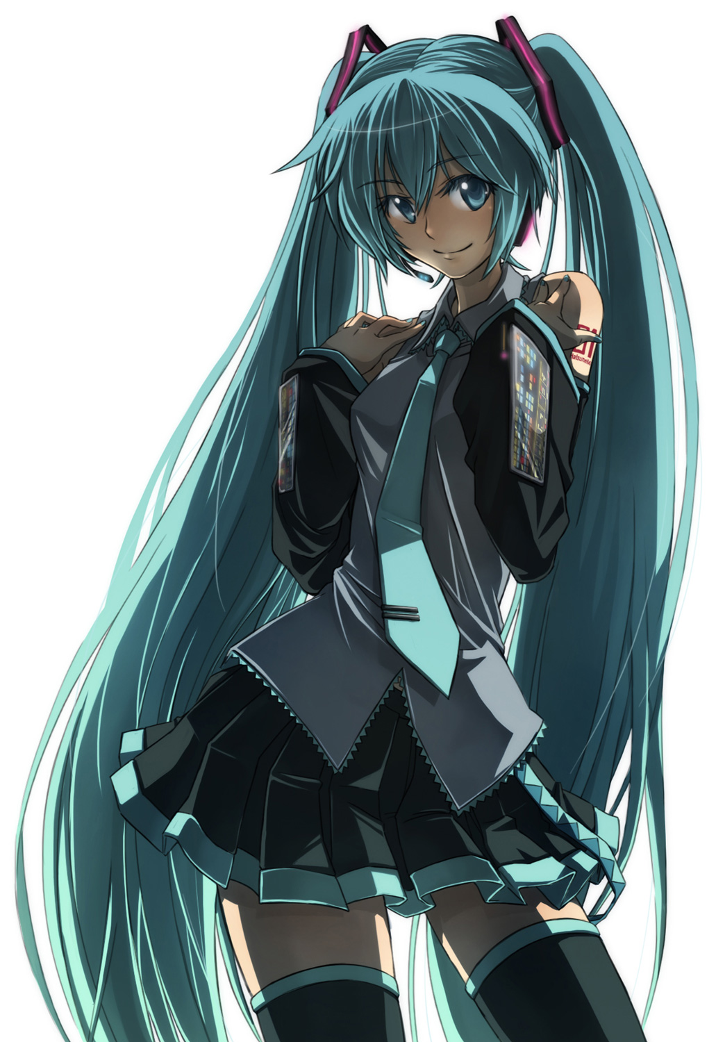 aqua_eyes aqua_hair detached_sleeves hatsune_miku headset highres long_hair necktie simple_background skirt smile solo thighhighs twintails very_long_hair vocaloid yohchi