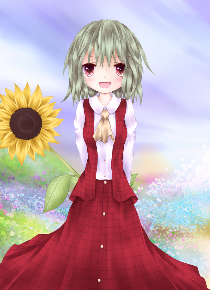 :d ascot bad_id bad_pixiv_id flower furomaaju_(fromage) green_hair kazami_yuuka open_mouth plaid plaid_skirt plaid_vest red_eyes short_hair skirt skirt_set smile solo sunflower touhou vest