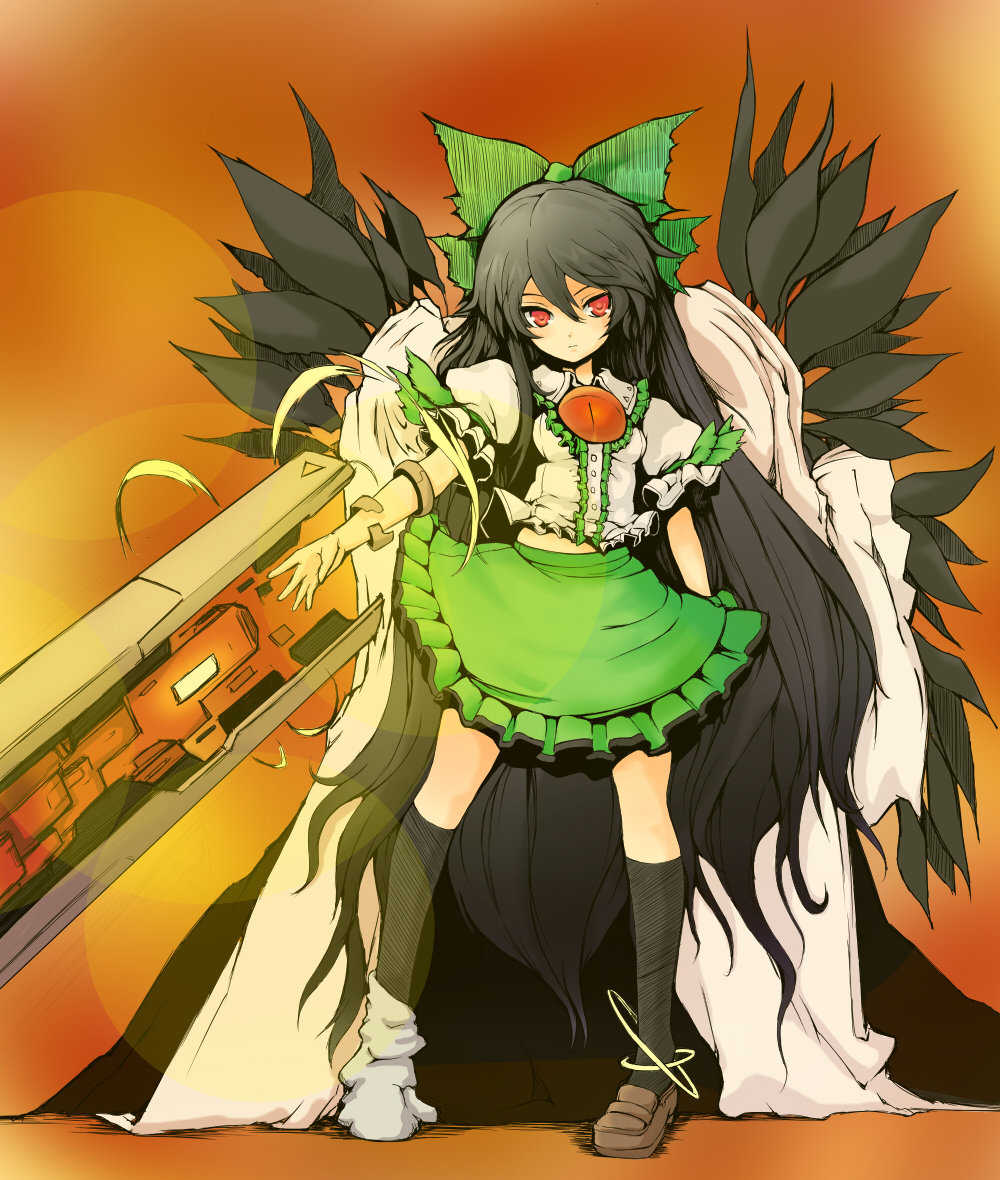 alternate_weapon arm_cannon asymmetrical_clothes black_hair bow cannon green_bow hair_bow ichi_lotus_temple long_hair mismatched_footwear red_eyes reiuji_utsuho socks solo touhou very_long_hair weapon wings