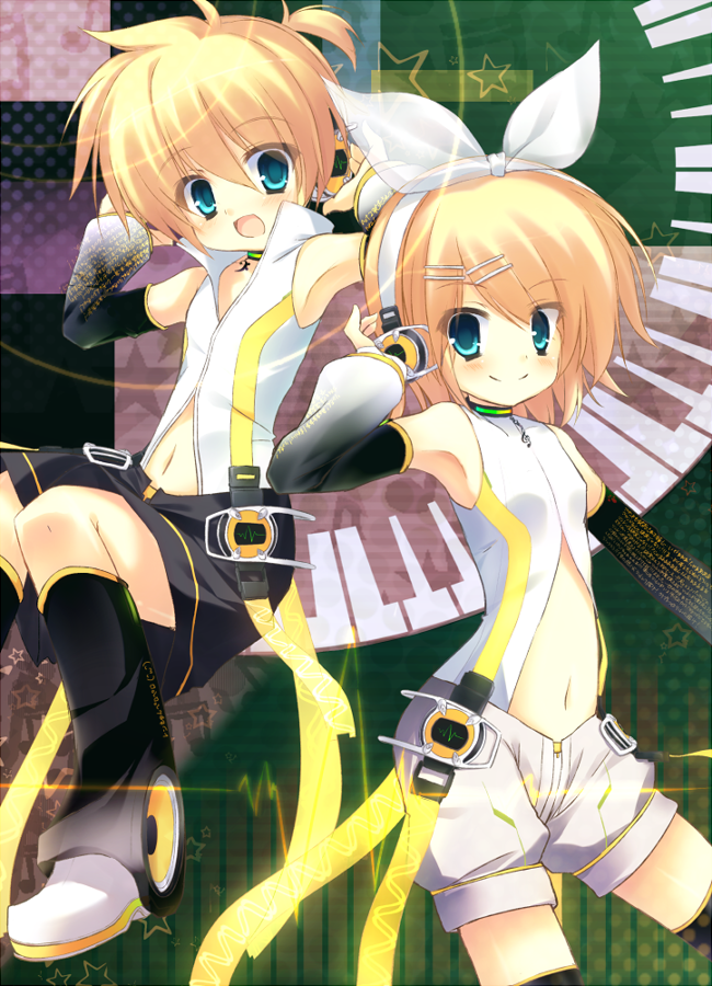 1girl aqua_eyes arm_warmers bad_id bad_pixiv_id blonde_hair brother_and_sister center_opening detached_sleeves hair_ornament hair_ribbon hairclip headphones kagamine_len kagamine_len_(append) kagamine_rin kagamine_rin_(append) navel piano_keys ribbon short_hair shorts siblings smile thighhighs twins unjou_takehiro vocaloid vocaloid_append