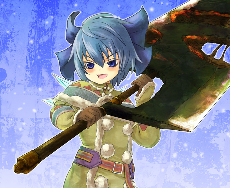 alternate_costume blue_eyes blue_hair bow capelet cirno hair_bow huge_weapon mitsuki_yuuya monster_hunter parody short_hair solo sword touhou weapon wings winter_clothes