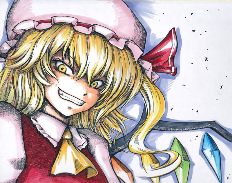 bad_id bad_pixiv_id blonde_hair fangs flandre_scarlet grin hat iroha_(nullpo) smile solo touhou traditional_media yellow_eyes