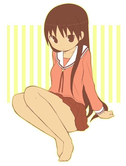 azumanga_daiou bad_id bad_pixiv_id barefoot black_eyes black_hair ears feet full_body idu_michito long_hair looking_at_viewer sakaki school_uniform serafuku simple_background solo very_long_hair