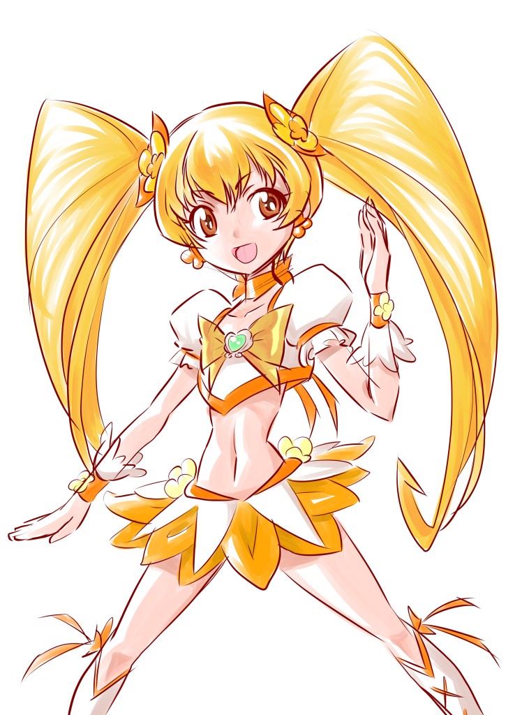blonde_hair boots bow choker cpro cure_sunshine heart heartcatch_precure! knee_boots long_hair magical_girl midriff myoudouin_itsuki navel open_mouth orange_(color) orange_choker orange_skirt precure skirt solo twintails white_background wrist_cuffs yellow_bow yellow_eyes