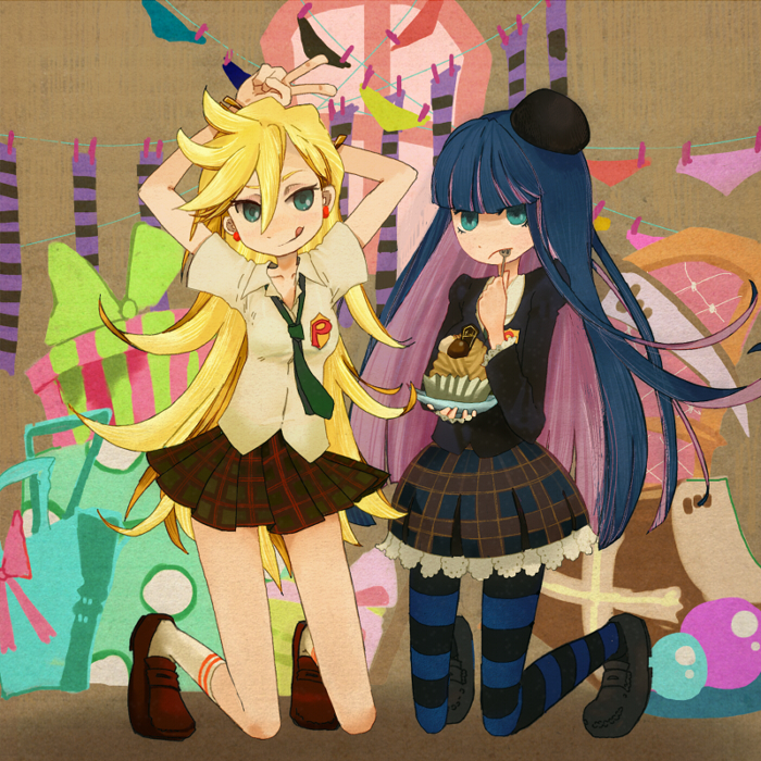 bad_id bad_pixiv_id bangs blonde_hair blunt_bangs earrings eating fork green_eyes hat jewelry loafers long_hair multicolored_hair multiple_girls necktie panty_&amp;_stocking_with_garterbelt panty_(psg) pastry pink_hair plaid plate purple_hair school_uniform shoes skirt socks stocking_(psg) striped striped_legwear tanaka_(colorcorn) thighhighs two-tone_hair v