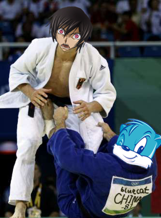 2boys blue_cat code_geass kick lelouch_lamperouge open_mouth pain photoshop smile wrestling