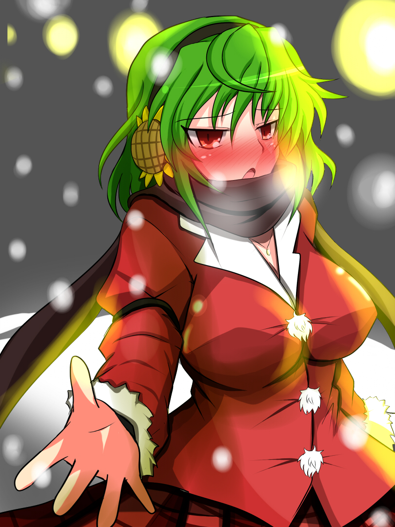 :o adapted_costume blush breasts breath earmuffs flower green_hair impossible_clothes kazami_yuuka large_breasts looking_at_viewer night open_mouth outdoors plaid plaid_skirt red_eyes rindou_(p41neko) scarf shiny shiny_clothes short_hair shy skirt snow snowing solo sunflower touhou v-neck winter winter_clothes