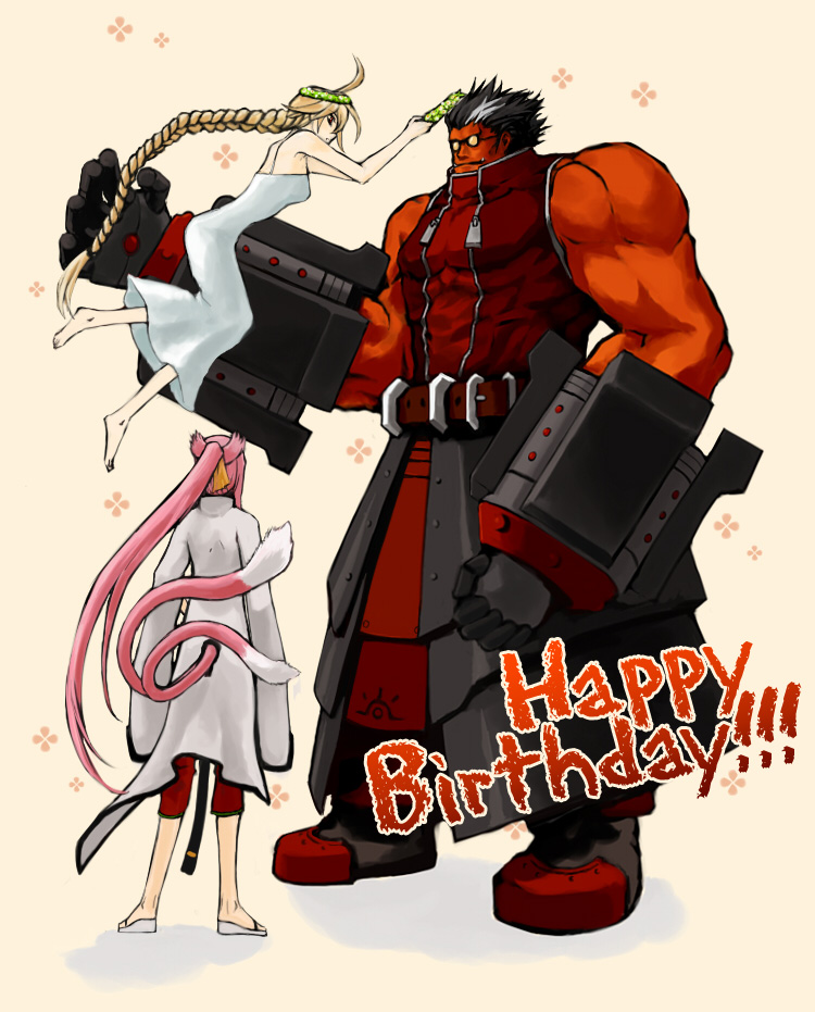 2girls ahoge animal_ears barefoot black_hair blazblue braid breasts capri_pants cat_ears cat_tail dress fangs faulds flats flower happy_birthday height_difference huge_ahoge iron_tager kokonoe labcoat lambda-11 long_hair mechanical_arms multicolored_hair multiple_girls multiple_tails muscle noco pants pink_hair ponytail red_eyes red_skin sandals single_braid size_difference small_breasts streaked_hair sundress sunglasses tail very_long_hair white_dress wreath