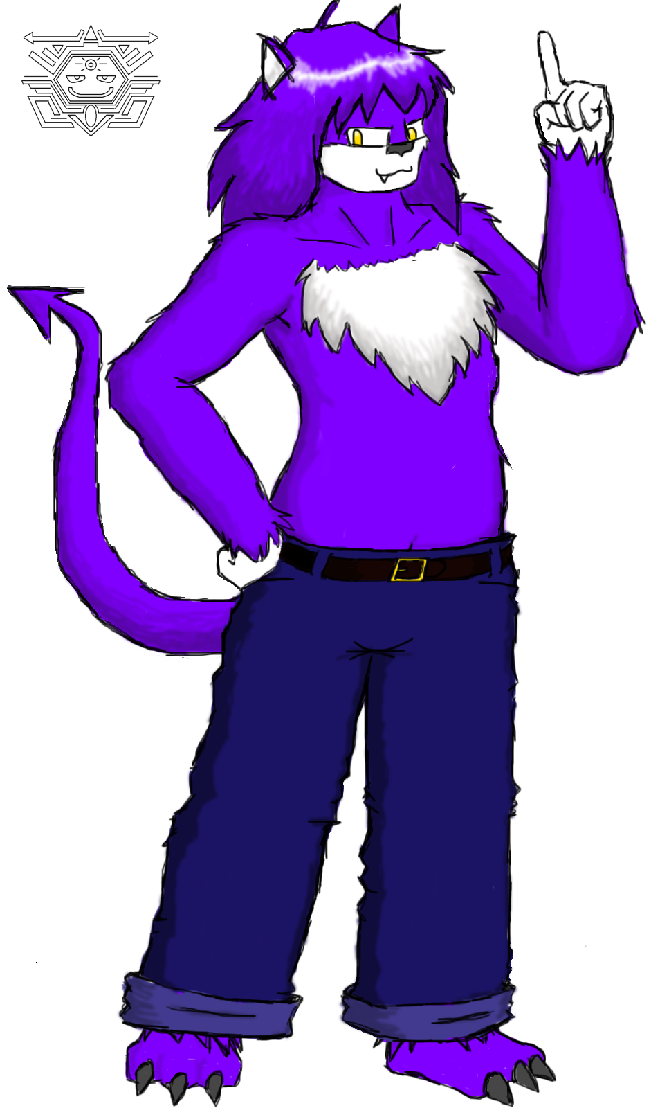 amidoinitrite bear big_feet cat claws clothed clothing devil_tail fang fangs fat feline fgsfds fluffy golden_eyes hair half-dressed hand_on_hip hedgehodge hexagon hexface index_finger indigo jeans lion logo long_hair mah_boi male mammal man noob overweight pants plain_background pointing purple purple_hair sego solo spade_tail topless white_background yellow_eyes