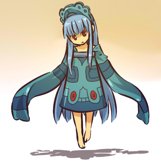 barefoot blue_hair bronzong floating gen_4_pokemon headdress hitec long_hair moemon open_mouth personification pokemon pokemon_(creature) red_eyes shadow sleeves_past_wrists solo very_long_hair