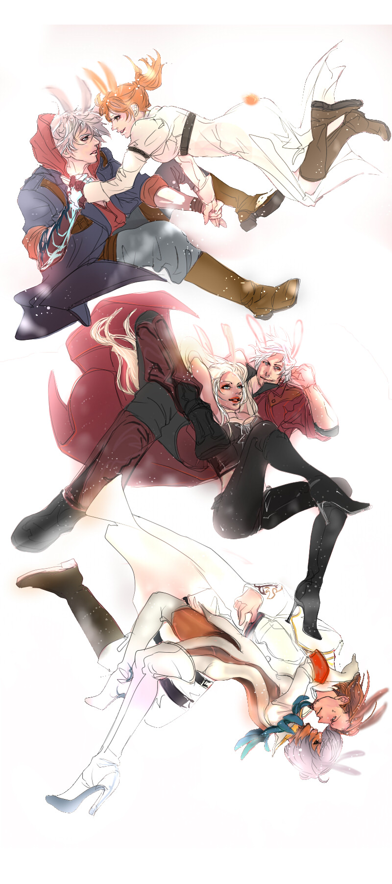 3girls animal_ears arms_up barocco blonde_hair boots brown_hair bunny_ears capcom corset credo dante dark_skin devil_may_cry devil_may_cry_4 dress dual_persona female gloria green_eyes grey_eyes hand_holding high_heels highres holding_hands hood hoodie kneehighs kyrie leather leather_pants long_hair long_image male multiple_boys multiple_girls nero nero_(devil_may_cry) open_mouth orange_eyes orange_hair pants shoes short_hair silver_hair simple_background tall_image trench_coat trenchcoat trish trish_(devil_may_cry) white_background white_boots