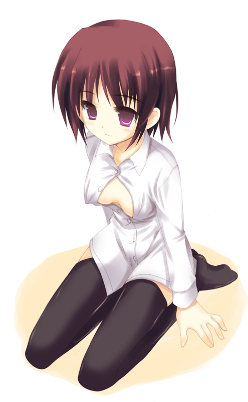:3 black_legwear breasts brown_hair cleavage copyright_request full_body kneeling medium_breasts meito_(maze) open_clothes open_shirt purple_eyes red_hair seiza shirt short_hair sitting smile solo thighhighs