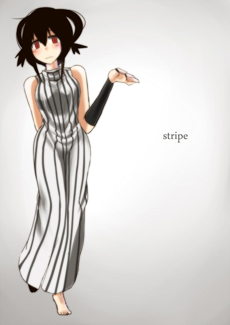 bare_shoulders barefoot black_hair dress konohana_saku original red_eyes short_hair solo striped striped_dress