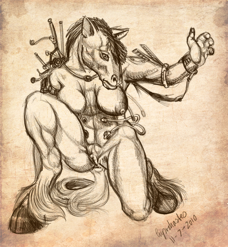2010 breasts cuprohastes cyborg equine equine_pussy female hooves horse nude pussy sketch solo