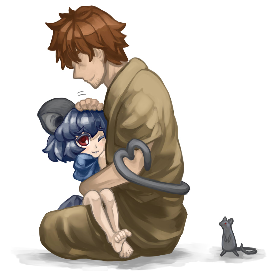 :3 animal_ears barefoot cheken faceless faceless_male feet grey_hair heart heart_tail hetero mouse mouse_ears mouse_tail nazrin one_eye_closed petting red_eyes sitting sitting_on_lap sitting_on_person tail touhou