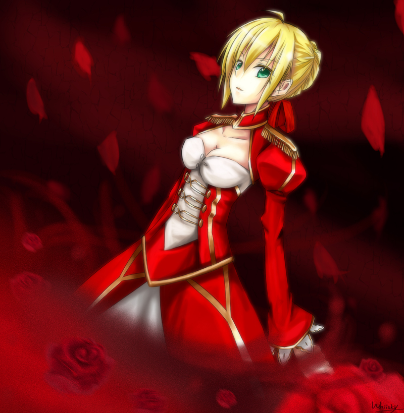 ahoge bad_id bad_pixiv_id blonde_hair dress fate/extra fate_(series) flower green_eyes nero_claudius_(fate) nero_claudius_(fate)_(all) short_hair smile solo whiisky