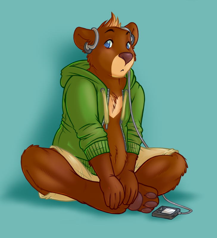 bear chubby clothed clothing cute headphones hoodie male mammal mp3_player onnanoko open_shirt shirt sitting solo unzipped