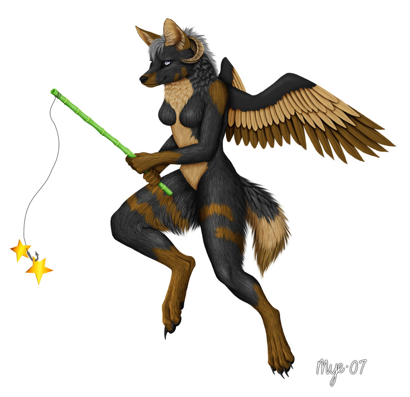 canine female fishing fox horns myenia naturally_censored nude solo wings