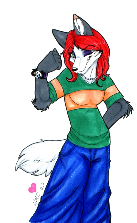canine clothing ebony female hair holly_massey long_hair mammal necklace pants plain_background red_hair shirt solo tail white_background wolf