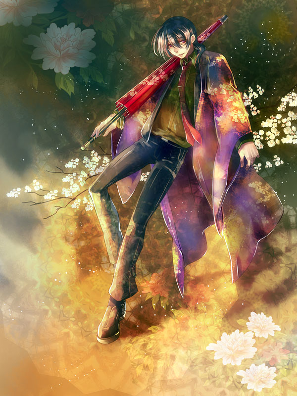 bad_id bad_pixiv_id bangs black_footwear black_hair black_pants branch closed_umbrella collared_shirt dress_shirt floral_background floral_print flower full_body getter_robo green_shirt hair_between_eyes haori holding holding_umbrella jacket japanese_clothes jin_hayato long_sleeves looking_at_viewer male_focus necktie noki_(affabile) oriental_umbrella pants red_eyes red_neckwear shirt shoes smile solo tie_clip umbrella white_flower wide_sleeves