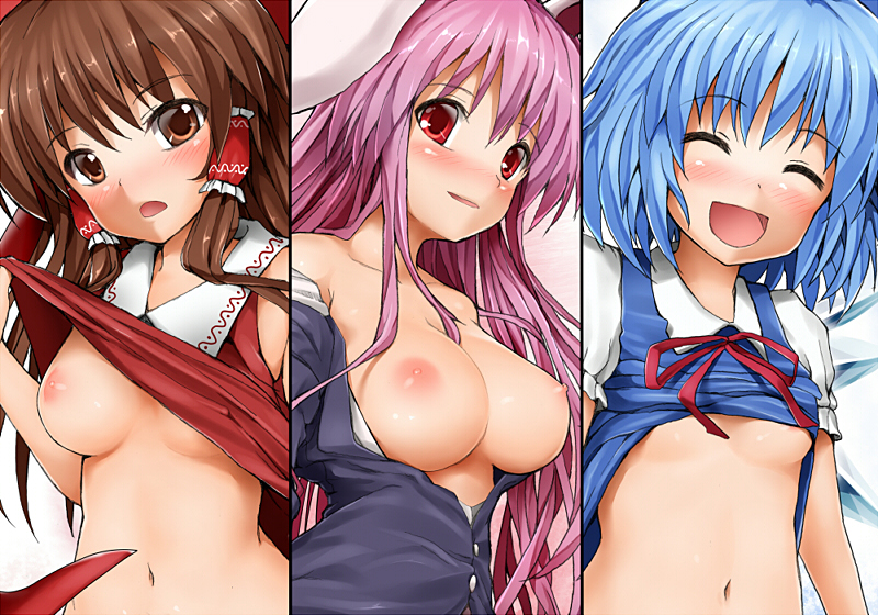 animal_ears bare_shoulders blastbeat blue_hair breasts brown_eyes brown_hair bunny_ears cirno column_lineup hakurei_reimu ishikei_(style) large_breasts long_hair multiple_girls navel nipples no_bra off_shoulder open_clothes open_mouth open_shirt purple_hair red_eyes reisen_udongein_inaba shirt shirt_lift short_hair smile touhou