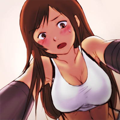 blush breasts brown_eyes brown_hair cleavage elbow_gloves female final_fantasy final_fantasy_vii gloves gradient gradient_background long_hair lowres midriff moggy_moggy open_mouth solo suspenders tank_top tanktop tifa_lockhart