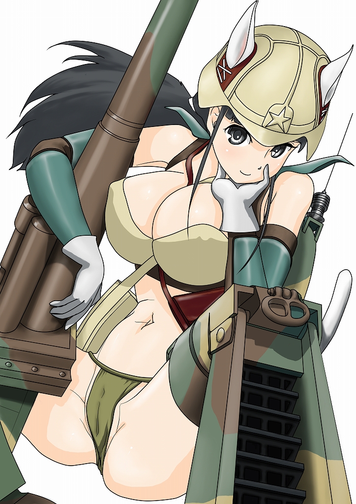 animal_ears aoi_ushi armor cannon ears_through_headwear fundoshi gloves helmet imperial_japanese_army japanese_clothes mecha_musume military original personification simple_background solo striker_unit tail type_4_chi-to_(personification) weapon world_war_ii world_witches_series