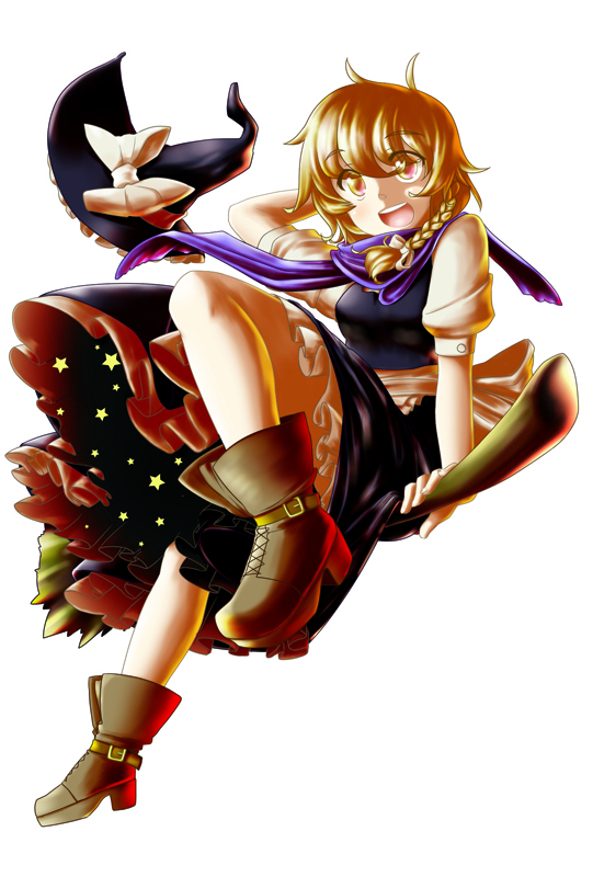 bad_id bad_pixiv_id blonde_hair boots braid broom broom_riding hat hat_removed headwear_removed kirisame_marisa scarf sidesaddle solo star touhou umumu_(pilcre) witch_hat yellow_eyes