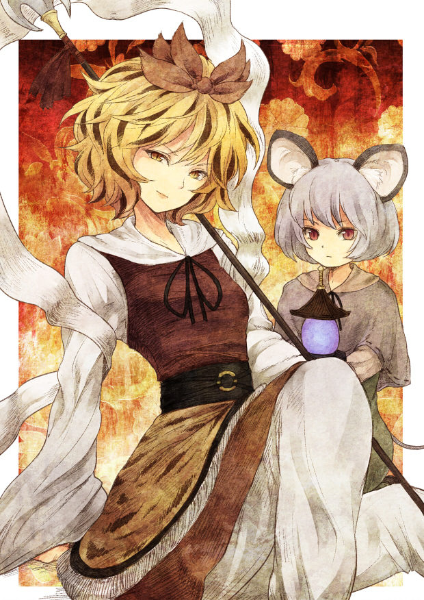 animal_ears animal_print bad_id bad_pixiv_id bishamonten's_pagoda bishamonten's_spear black_hair blonde_hair grey_hair mouse_ears mouse_tail multicolored_hair multiple_girls nazrin polearm red_eyes shawl slit_pupils spear tail tiger_print toramaru_shou touhou two-tone_hair urin weapon yellow_eyes