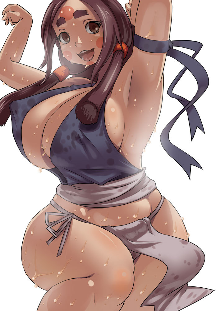 armpits arms_up breasts brown_eyes brown_hair character_request cleavage curvy dancing erect_nipples eyebrows female hairband hips large_breasts looking_at_viewer nipples open_mouth petaro shiny simple_background smell smile solo stain sweat sweat_stain thick_eyebrows thick_thighs thighs ueno_petarou wet white_background wide_hips